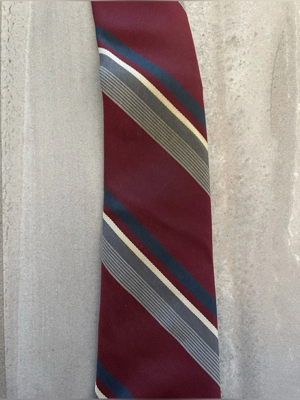 VTG Christian Dior Men’s Necktie Maroon White Blue Stripe Logo Wording